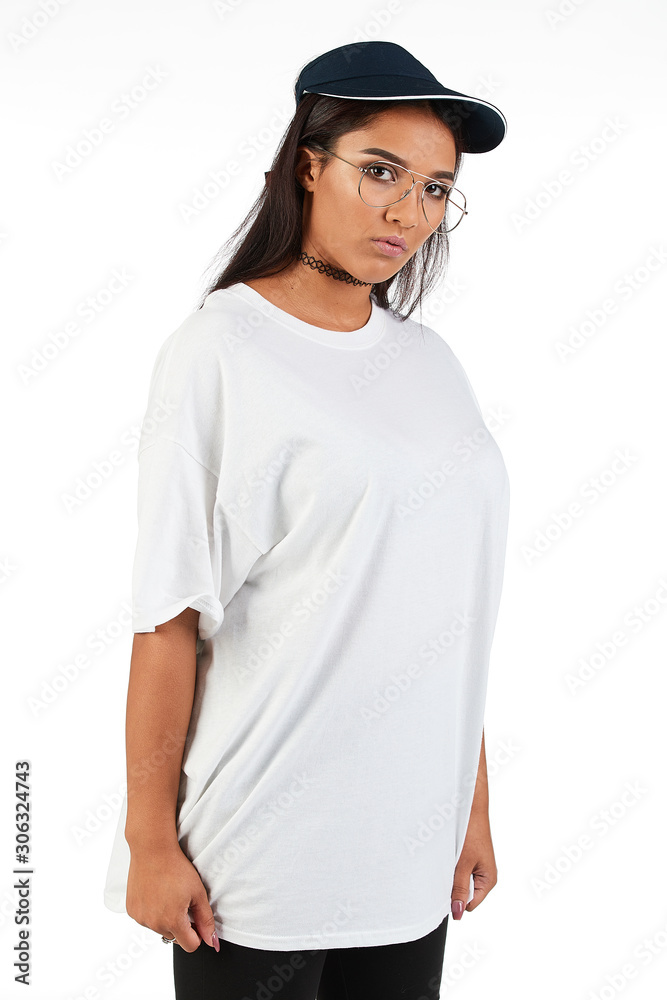 Blank t-shirt mock-up - Cool streetwear fashion girl ready for your design Blank t-shirt mock-up - Cool streetwear fashion girl ready for your design