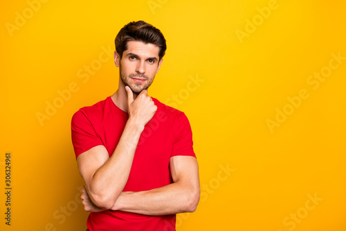 Portrait of serious concentrated guy real professional feel minded touch chin hand ready decide decision solution wear casual style clothes isolated yellow background
