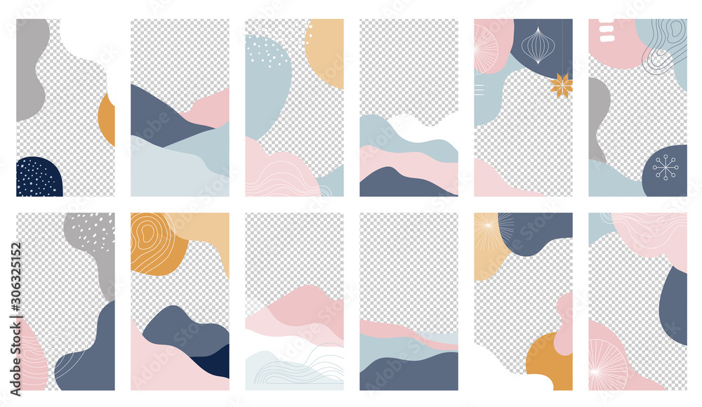 Plakat Kolekcja abstrakcyjnych wzorów tła, kształty w czystym skandynawskim modnym stylu. Szablony opowiadań, wyprzedaż zimowa, treści promocyjne w mediach społecznościowych