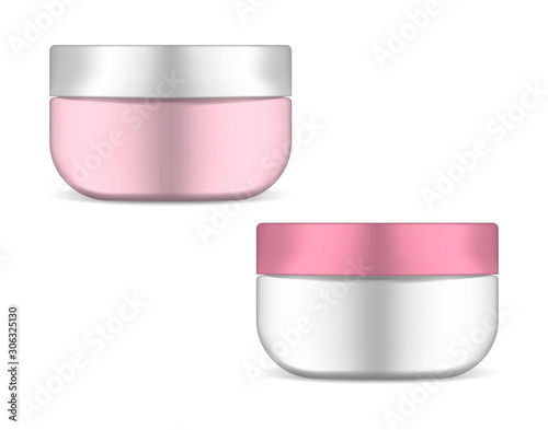 Face cream round jar with screw cap, realistic illustration. Cosmetic skincare product container, vector template