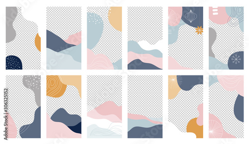 Collection of abstract background designs, shapes in clean Scandinavian trendy style. Story templates, winter sale, social media promotional content