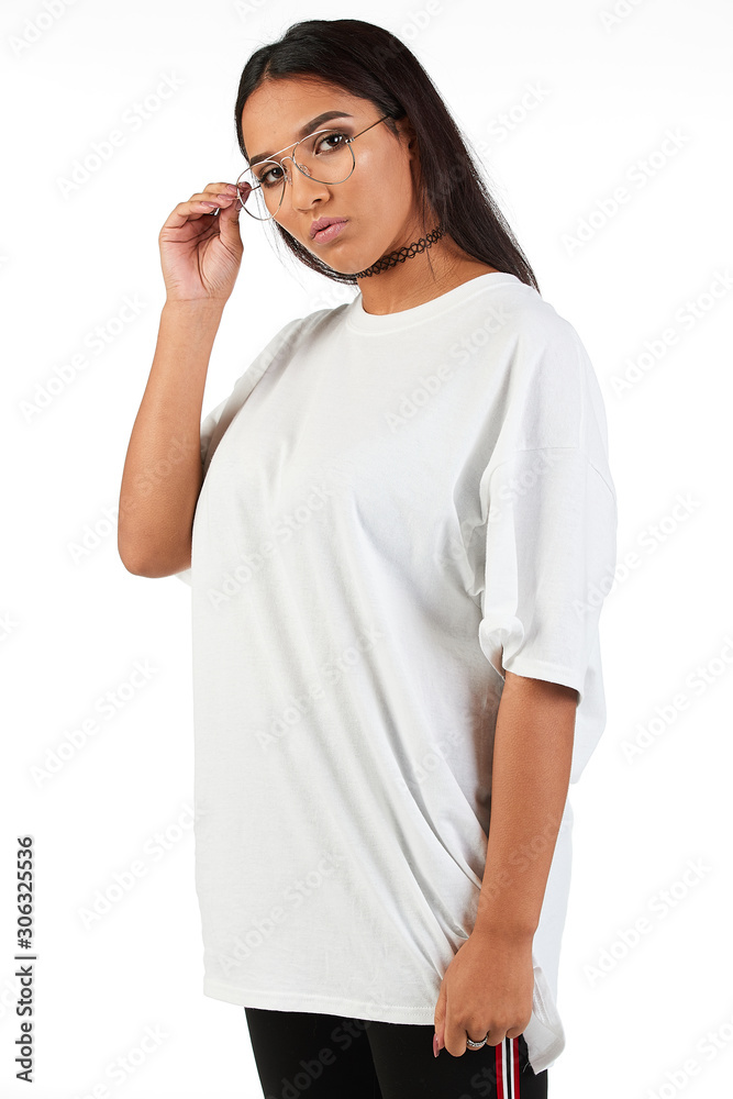 Blank t-shirt mock-up - Cool streetwear fashion girl ready for your design Blank t-shirt mock-up - Cool streetwear fashion girl ready for your design