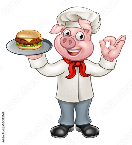 A cartoon character pig chef holding a cheese burger or hamburger on a plate