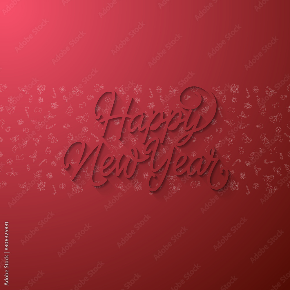 Festive Holiday Hand Lettered Happy New Year Typography Design with Flat Shadow on Red Background with Symbols Pattern