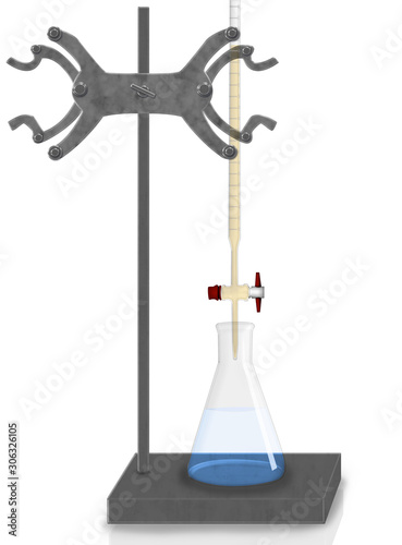 setup of titration acid-base called standardisation consisted of erlenmeyer flask buret metal stand and clamp. photo