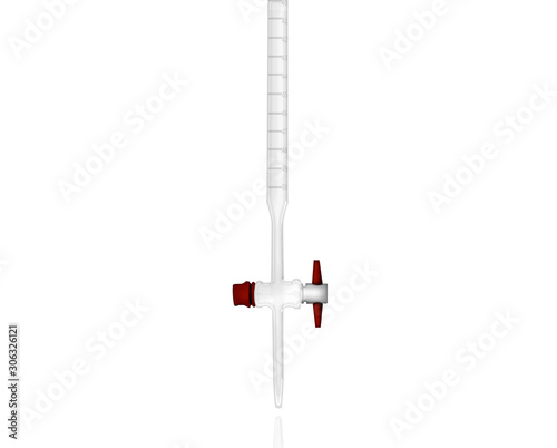 3d illustration realistic transparent laboratory glassware isolated on white background. Buret glass with red stop cock on white background. photo
