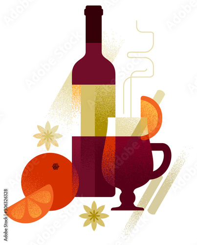 Mulled wine. Bottle and glass full of hot red wine, decorated with orange slices and spices. Trendy flat style vector illustration. Decorative composition for winter seasonal design