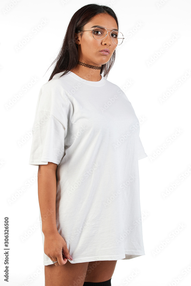 Blank t-shirt mock-up - Cool streetwear fashion girl ready for your design Blank t-shirt mock-up - Cool streetwear fashion girl ready for your design