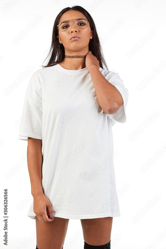 Blank t-shirt mock-up - Cool streetwear fashion girl ready for your design Blank t-shirt mock-up - Cool streetwear fashion girl ready for your design