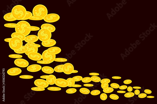 Flying gold coins vector illustration. Falling money, flying gold coins, golden rain. Jackpot or success concept. Many flying