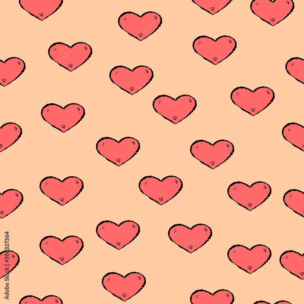 Pink valentine's day hearts on a coral background. Seamless pattern.