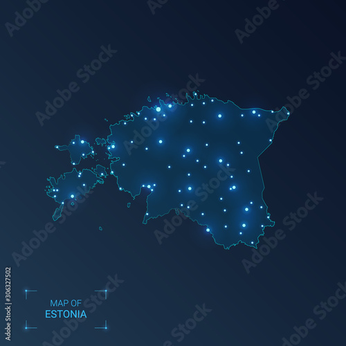 Estonia map with cities. Luminous dots - neon lights on dark background. Vector illustration.