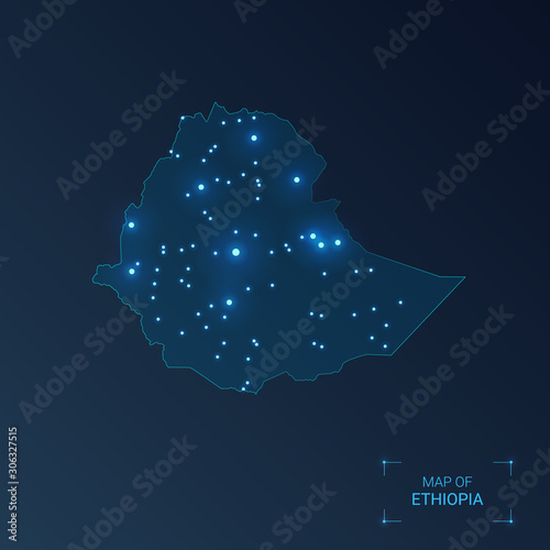 Ethiopia map with cities. Luminous dots - neon lights on dark background. Vector illustration.