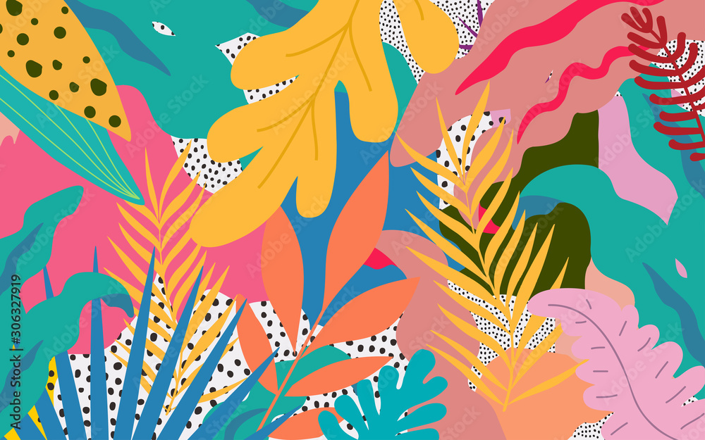 Plakat Colorful flowers and leaves poster background vector illustration. Exotic plants, branches, flowers and leaves art print for beauty, fashion and natural products, spa and wellness, wedding and events