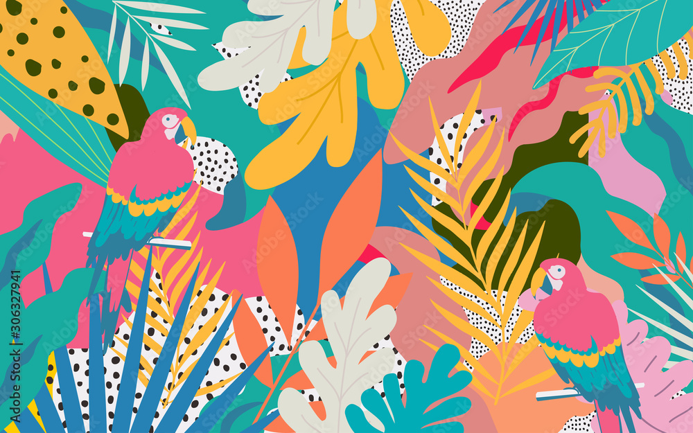 Kolorowi kwiaty i liścia plakatowy tło z papuga wektorowym ilustracyjnym projektem. Egzotyczny druk tropikalnych roślin na podróże i wakacje, modę, spa i wellness, ślub i imprezy <span>plik: #306327941 | autor: blossomstar</span>