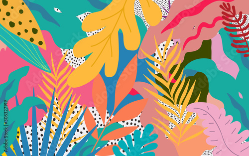 Colorful flowers and leaves poster background vector illustration. Exotic plants, branches, flowers and leaves art print for beauty, fashion and natural products, spa and wellness, wedding and events 