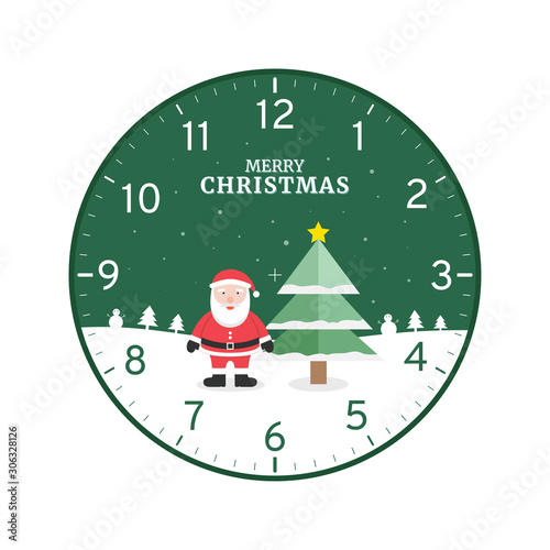 Christmas concept printable clock face template isolated on white background, Santa Claus stand on the snowy ground with Christmas tree.