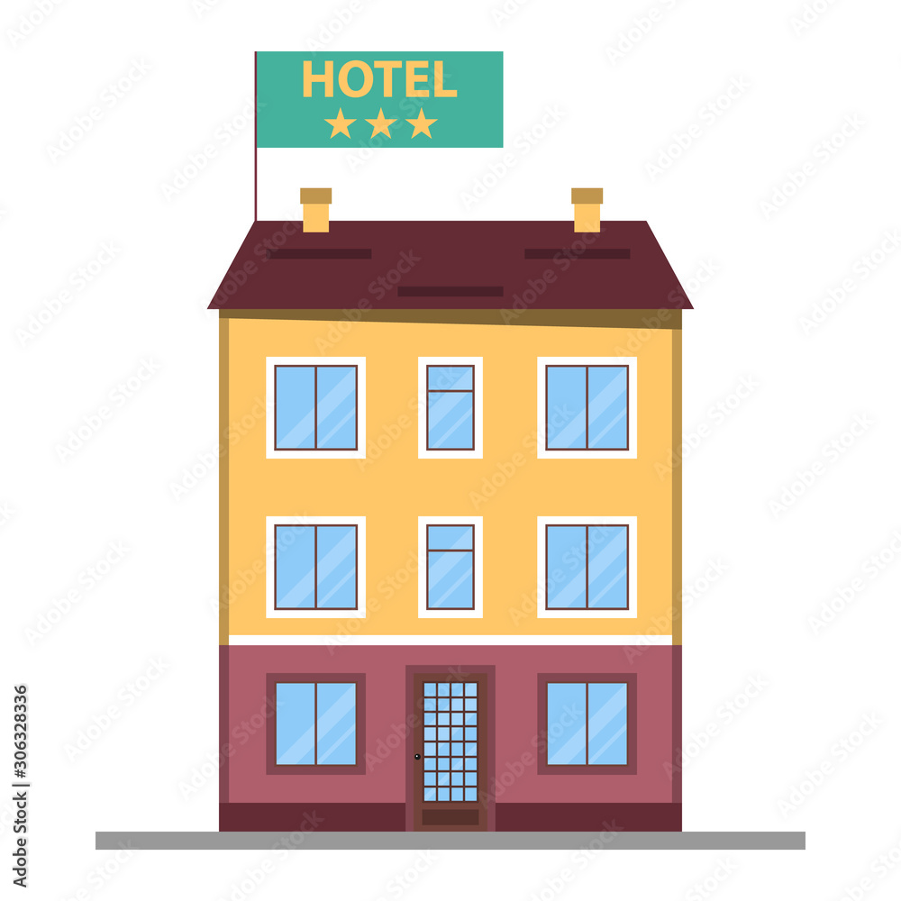Hotel, hotel icon on the background of the urban landscape. Vector illustration of a hotel.