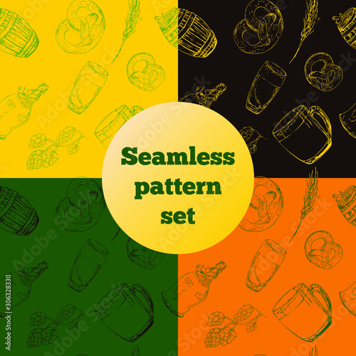 Set of St. Patrick day seamless patterns of hand drawn beer elements, for wrapping paper, wallpaper, fabric pattern, backdrop, print, gift wrap, cover of notebook, envelope