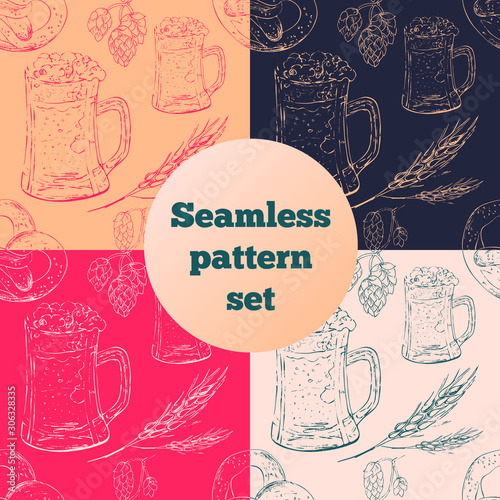 Vector set of beer seamless patterns of hand drawn  elements, for wrapping paper, wallpaper, fabric pattern, backdrop, print, gift wrap, cover of notebook, envelope