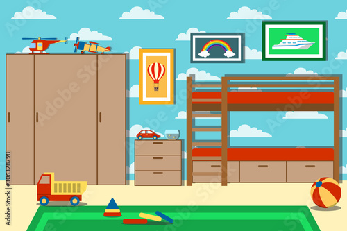 Child's bedroom with toys. Children's playroom with furniture and toys. Vector illustration of a child's room.