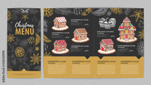 Christmas menu design with sweet gingerbread house and cupcakes. Christmas decorations