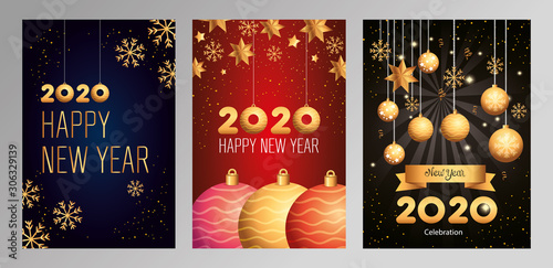 set of posters happy new year with decoration vector illustration design