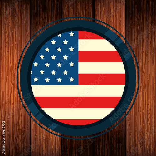united states flag in frame circular with wooden background vector illustration design