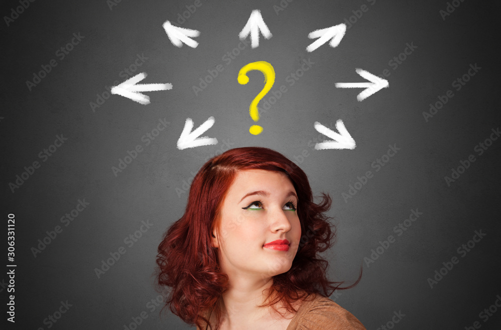 Girl with question marks and direction concept Girl with question marks and direction concept