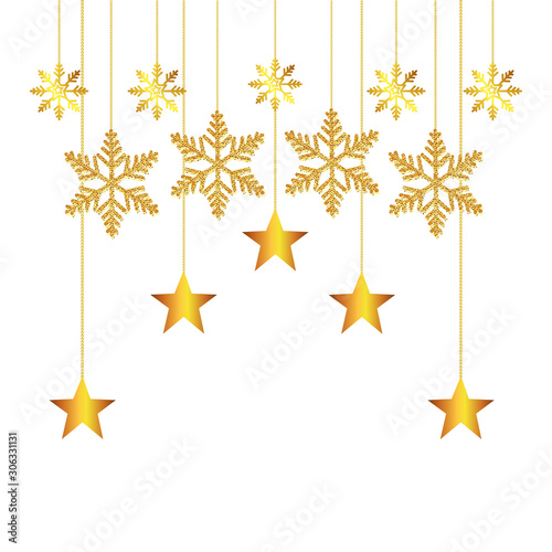 snowflakes with stars golden of christmas hanging vector illustration design