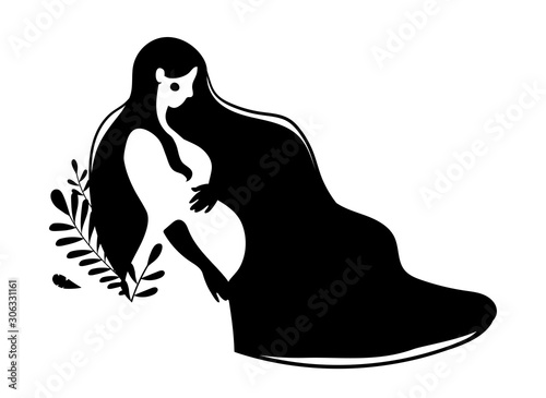 Silhouette of a pregnant woman with long hair. Black and white illustration of a girl with a big tummy in profile. The concept of motherhood, the expectation of a child, family. Vector flat stock 