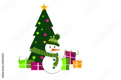 Green Christmas tree with gifts and a snowman on a white background. flat vector. illustration