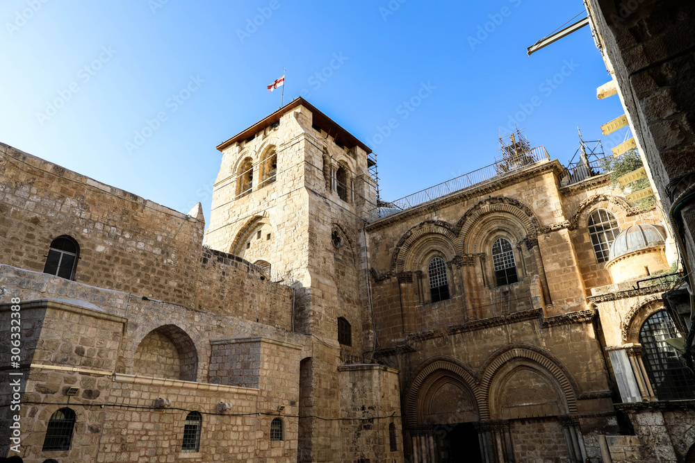 Vew on main entrance in at the Church of the Holy Sepulchre in Old City of Jerusalem