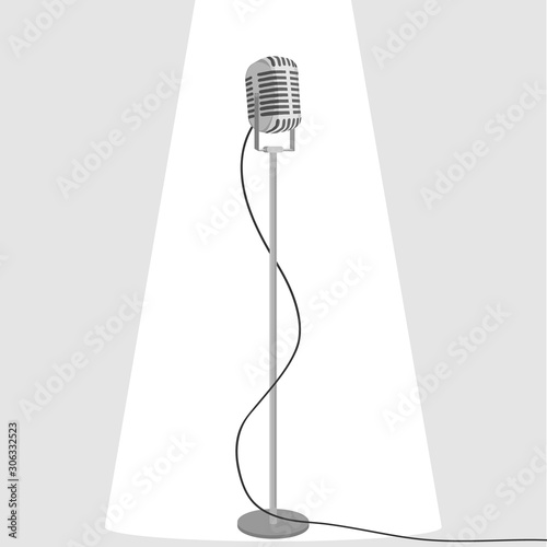 Microphone, stand-up microphone with backlight. Cartoon illustration of a standing microphone.