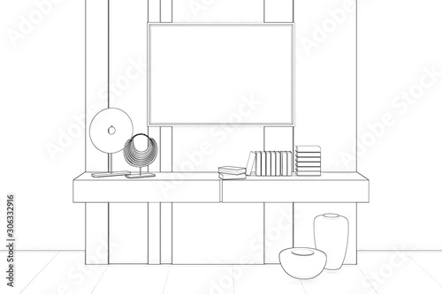 Sketch of modern interior with a stand with decor and a picture. Front view. 3d render