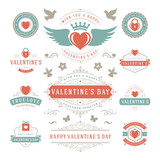 Valentines day labels and cards set, heart icons symbols, greetings cards retro typography vector design elements