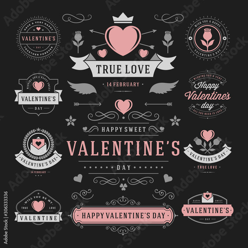 Valentines day labels and cards set, heart icons symbols, greetings cards retro typography vector design elements