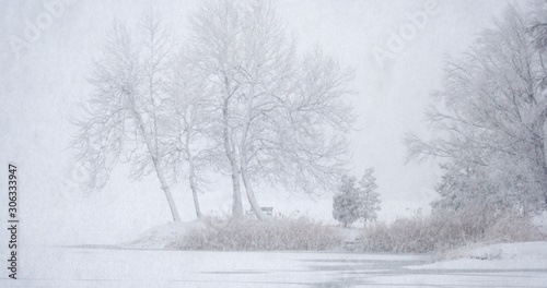 Lake in winter during in snowfall, Soderica, Croatia © Goran