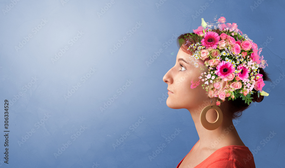 Blossomed head with colorful flowers and spring concept