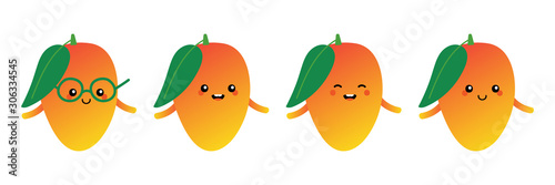 Set, collection of cute and smiling cartoon style fresh mango fruit characters for vegan lifestyle, food design.