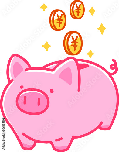 Pink piggybank with yen coins