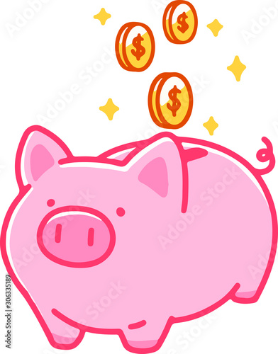 Pink colorful piggybank with dollar coins
