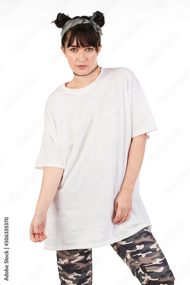 Blank t-shirt mock-up - Cool streetwear fashion girl ready for your design Blank t-shirt mock-up - Cool streetwear fashion girl ready for your design