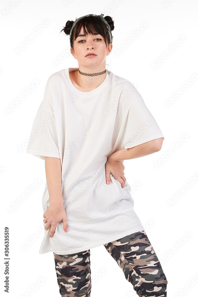Blank t-shirt mock-up - Cool streetwear fashion girl ready for your design Blank t-shirt mock-up - Cool streetwear fashion girl ready for your design