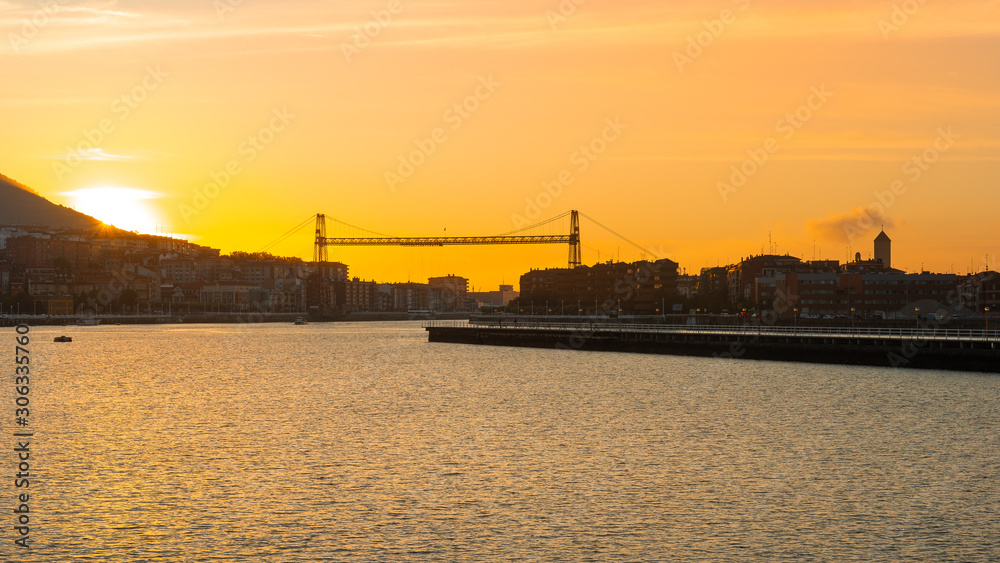 Panorama of Portugalete and Getxo with Hanging Bridge of Bizkaia at sunset, Basque Country, Spain	