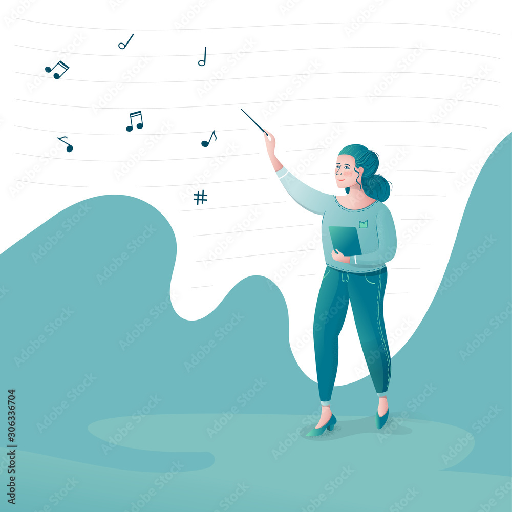 Woman conductor conducting orchestra fly sheet music playing music green tones treble clef wand maestro of an orchestra band director Philharmonic Woman conductor conducting orchestra fly sheet music playing music green tones treble clef wand maestro of an orchestra band director Philharmonic