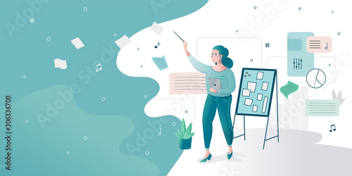 Conductor marketing business girl with a conductor stick managing administrator director owner businessman playing business notes music sales