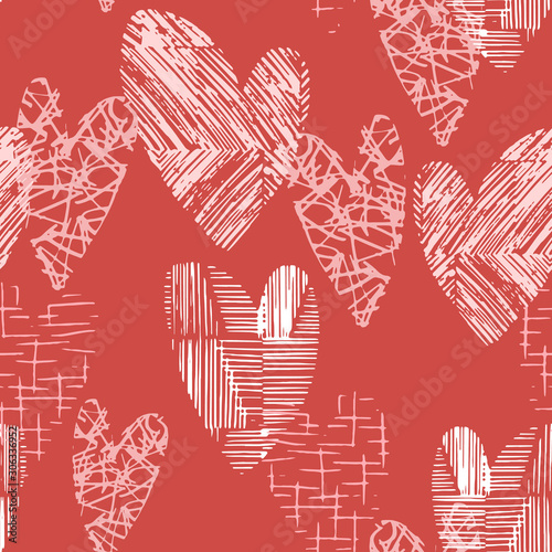 Vector seamless pattern with textured grunge hearts. Hand drawn design on red background.