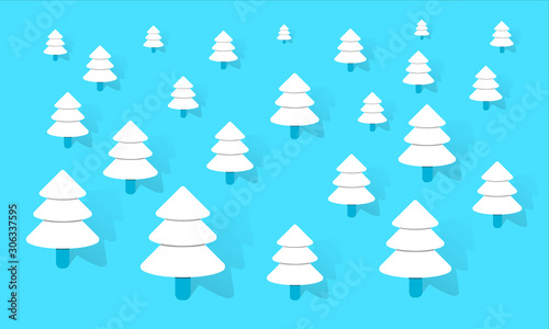 Snow land with many trees. Vector abstract christmass background.