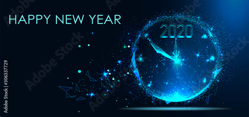 Happy New Year 2020. New Year Shining background with clock and glitter. Triangles and particle style design. Polygon vector wireframe concept. Headline